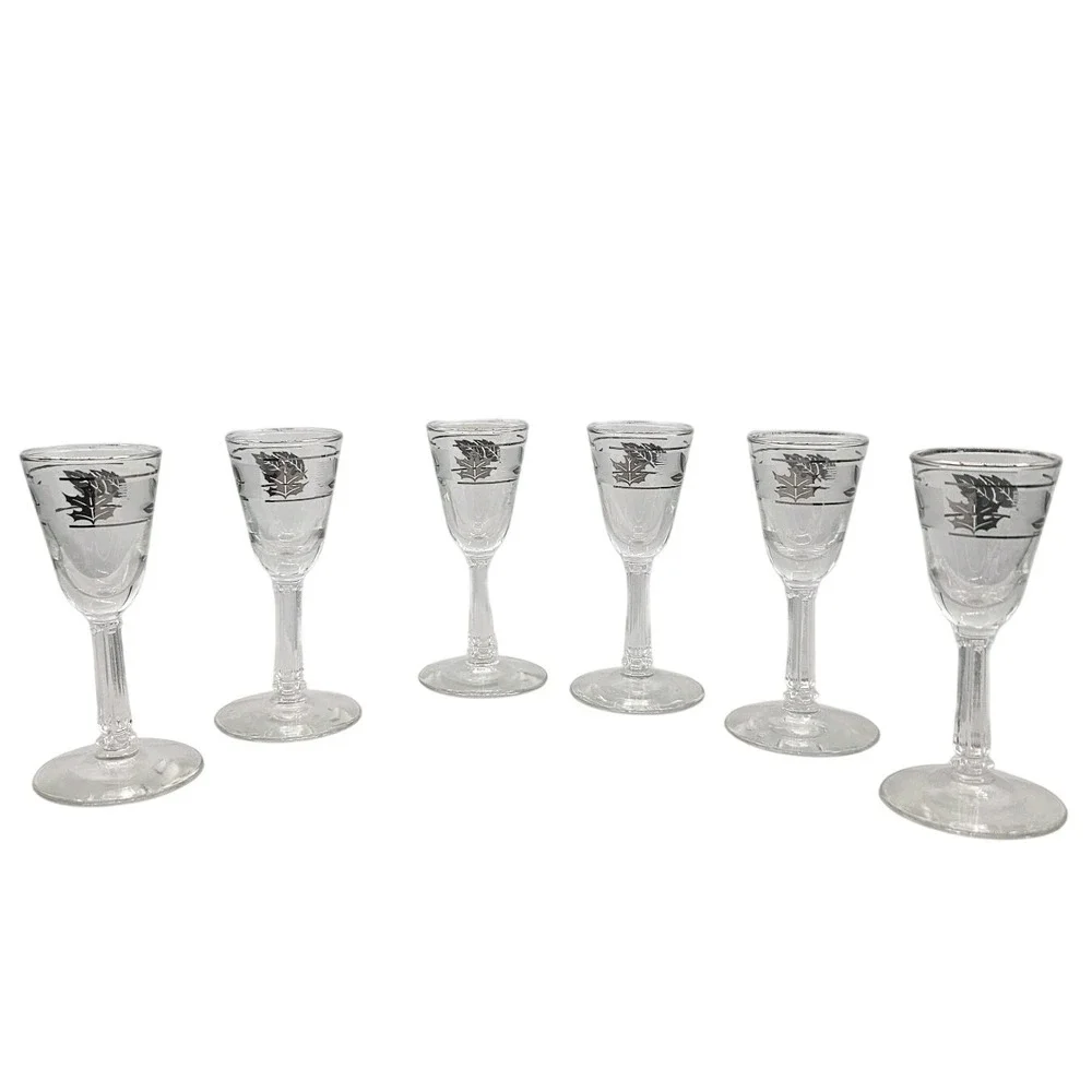 Set of 6 Clear Cordial Shot Glasses Silver Leaf Etched‎ Design